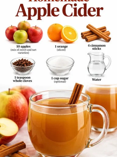 Homemade apple cider made from fresh apples in a rustic kitchen setting.