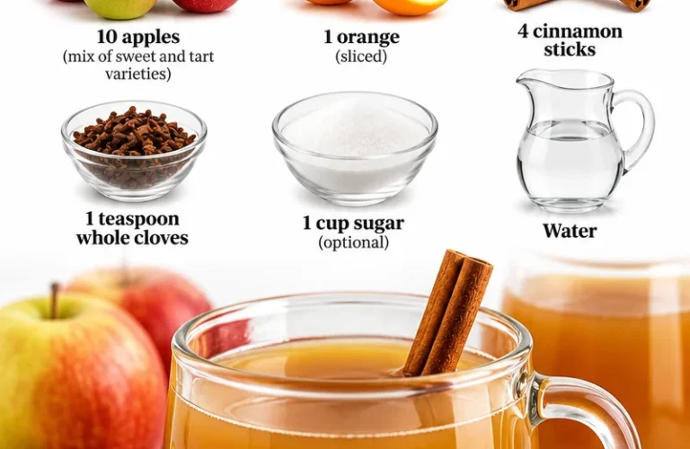 Homemade apple cider made from fresh apples in a rustic kitchen setting.