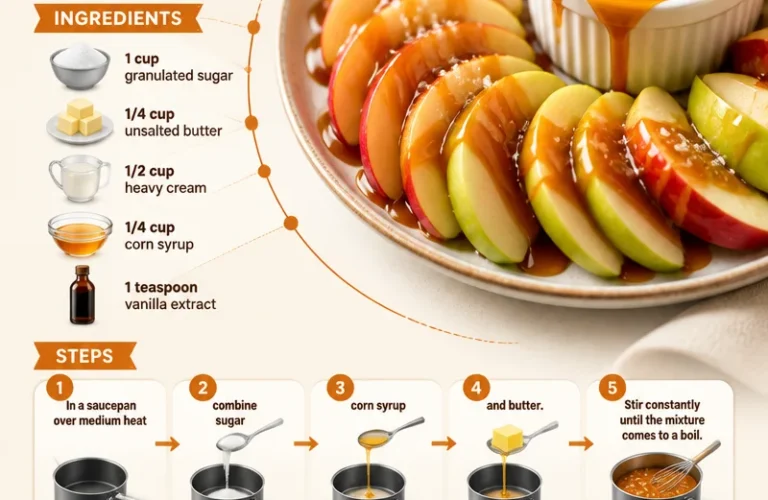 Homemade caramel sauce drizzled over fresh apples for a tasty treat