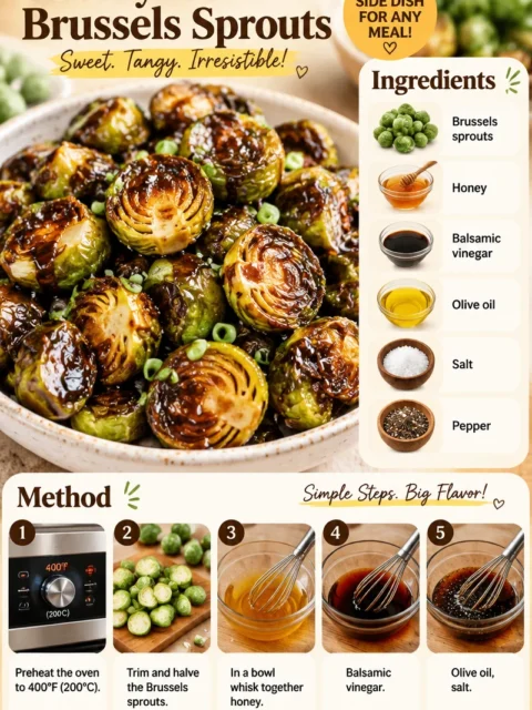 Delicious Honey Balsamic Brussels Sprouts garnish with honey glaze