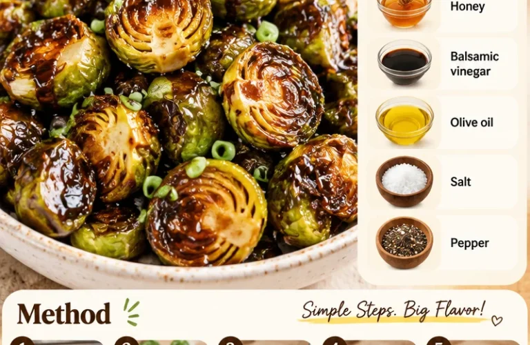 Delicious Honey Balsamic Brussels Sprouts garnish with honey glaze