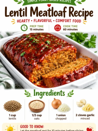 Delicious Lentil Meatloaf served with vegetables on a plate.