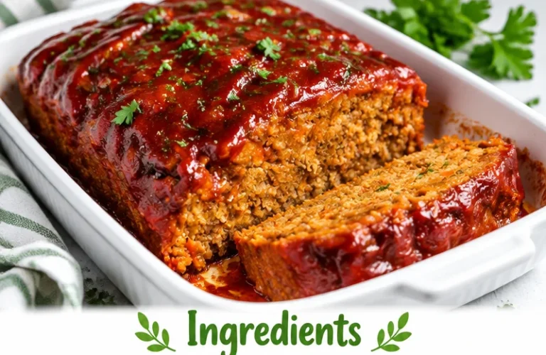 Delicious Lentil Meatloaf served with vegetables on a plate.