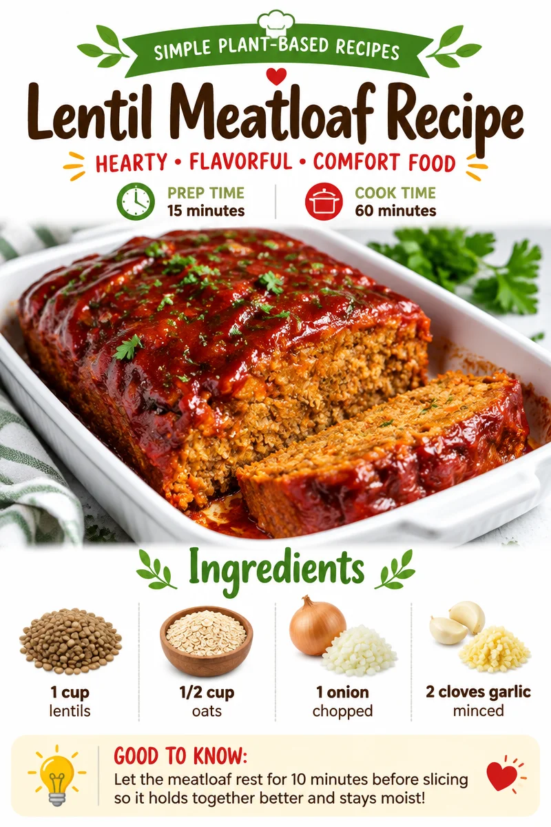 Delicious Lentil Meatloaf served with vegetables on a plate.