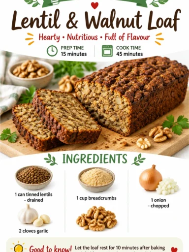 Delicious homemade Lentil Walnut Loaf served on a plate