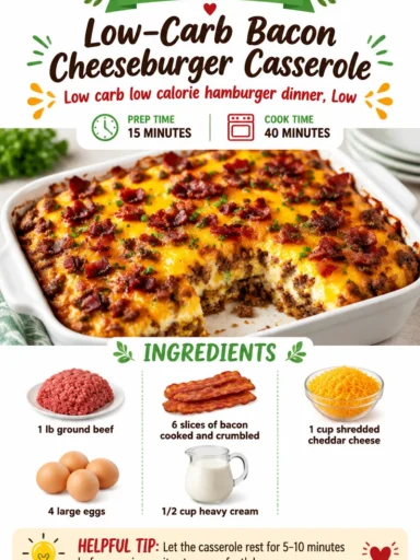 Delicious low-carb bacon cheeseburger casserole served in a baking dish