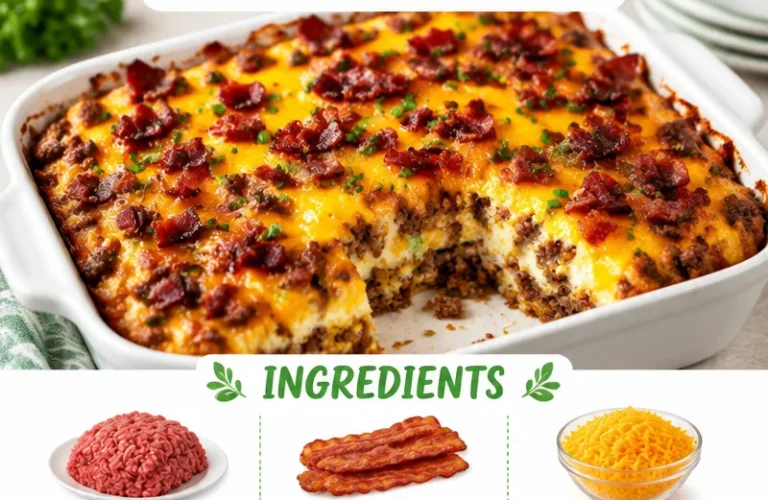 Delicious low-carb bacon cheeseburger casserole served in a baking dish