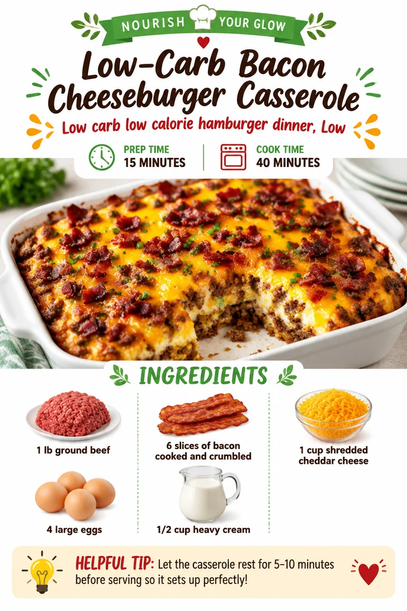 Delicious low-carb bacon cheeseburger casserole served in a baking dish