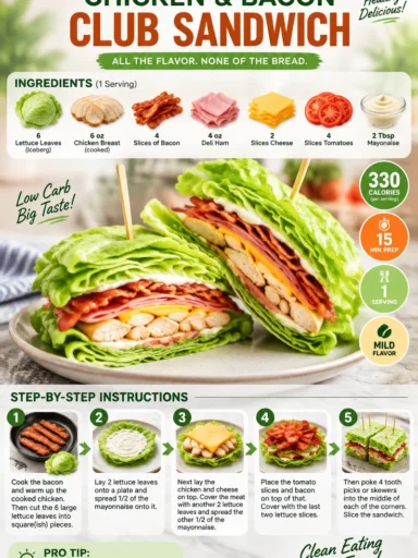 Low carb chicken club sandwich with lettuce, tomato, and bacon on a plate