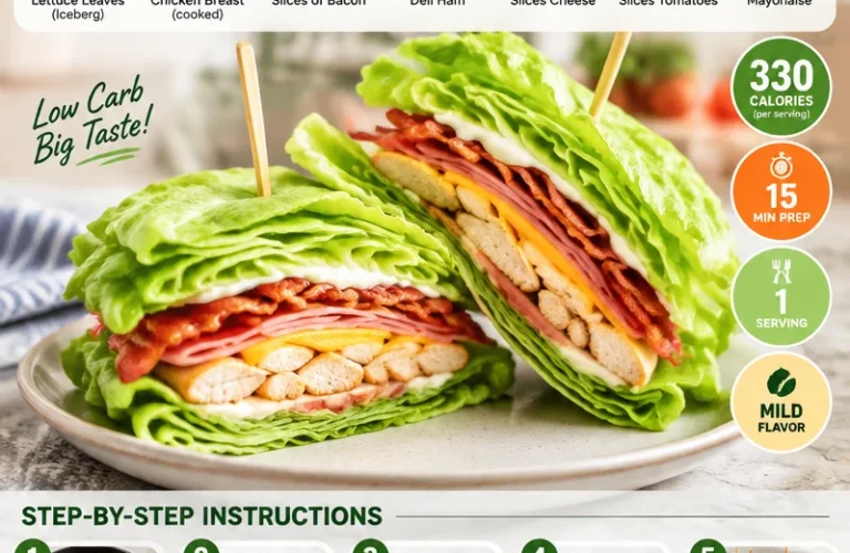 Low carb chicken club sandwich with lettuce, tomato, and bacon on a plate