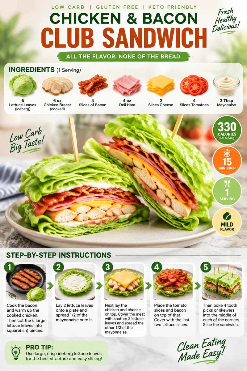 Low carb chicken club sandwich with lettuce, tomato, and bacon on a plate