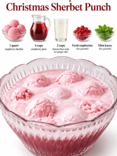 A refreshing bowl of Christmas Sherbet Punch filled with festive colors and toppings.