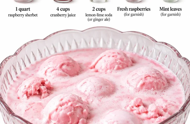 A refreshing bowl of Christmas Sherbet Punch filled with festive colors and toppings.