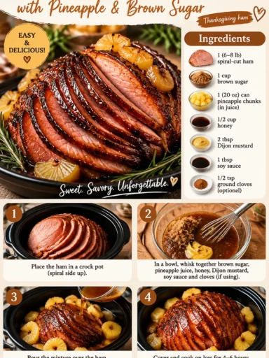 Delicious Crock Pot Ham with pineapple and brown sugar on a serving platter.