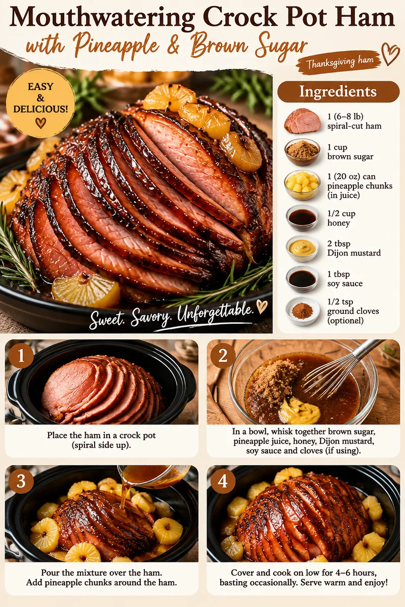 Delicious Crock Pot Ham with pineapple and brown sugar on a serving platter.
