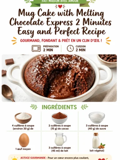Delicious mug cake with melting chocolate served in a mug
