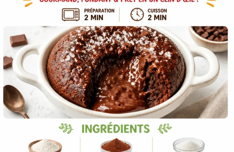 Delicious mug cake with melting chocolate served in a mug