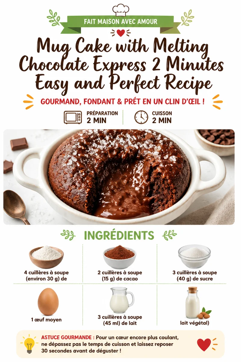 Delicious mug cake with melting chocolate served in a mug