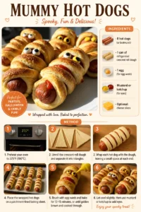 Plate of Mummy Hot Dogs wrapped in crescent dough, perfect for Halloween.