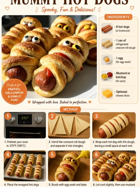 Plate of Mummy Hot Dogs wrapped in crescent dough, perfect for Halloween.