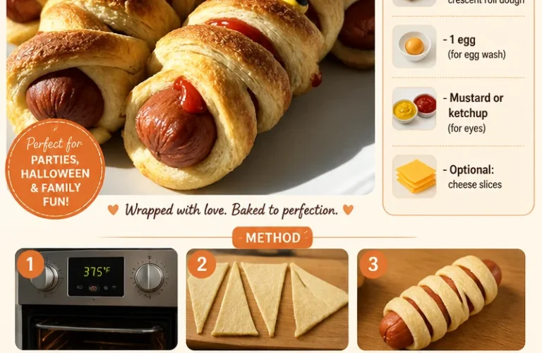 Plate of Mummy Hot Dogs wrapped in crescent dough, perfect for Halloween.