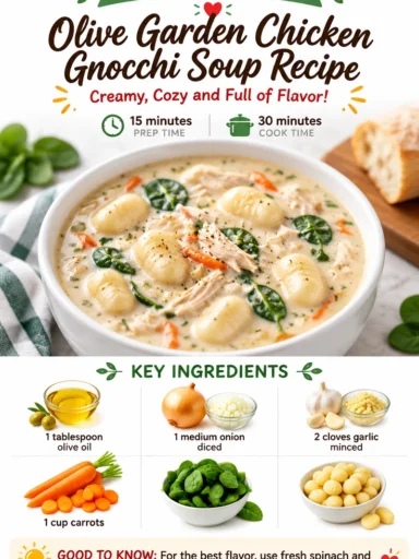 Bowl of Olive Garden Chicken Gnocchi Soup with fresh ingredients