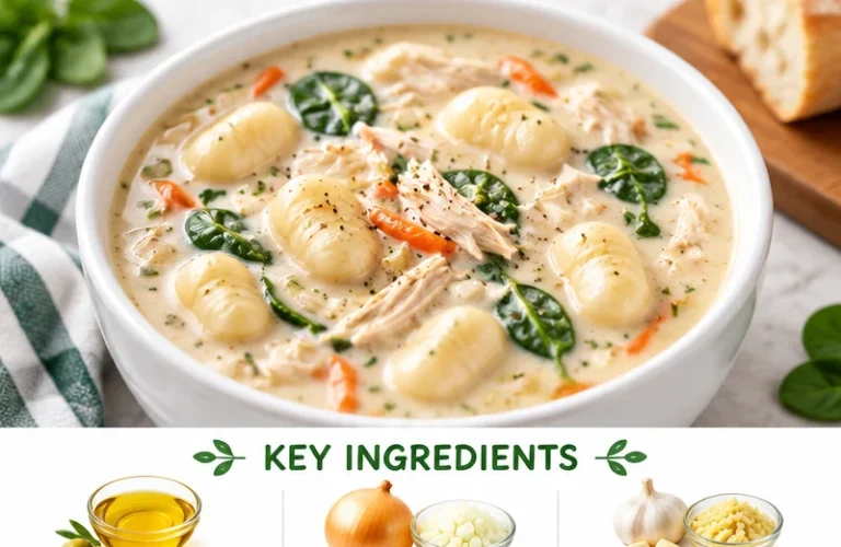 Bowl of Olive Garden Chicken Gnocchi Soup with fresh ingredients