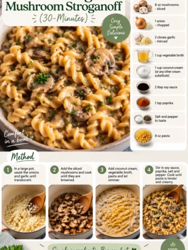One pot vegan mushroom stroganoff served in a bowl with fresh parsley