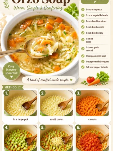 Bowl of comforting orzo soup garnished with fresh herbs and vegetables