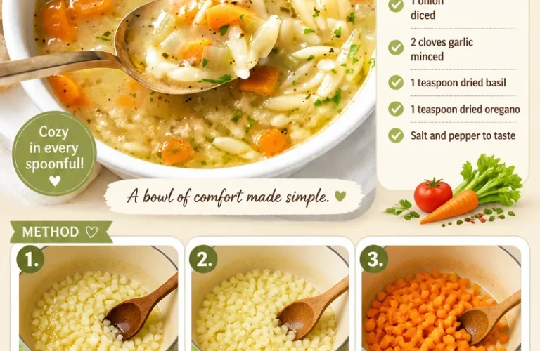 Bowl of comforting orzo soup garnished with fresh herbs and vegetables