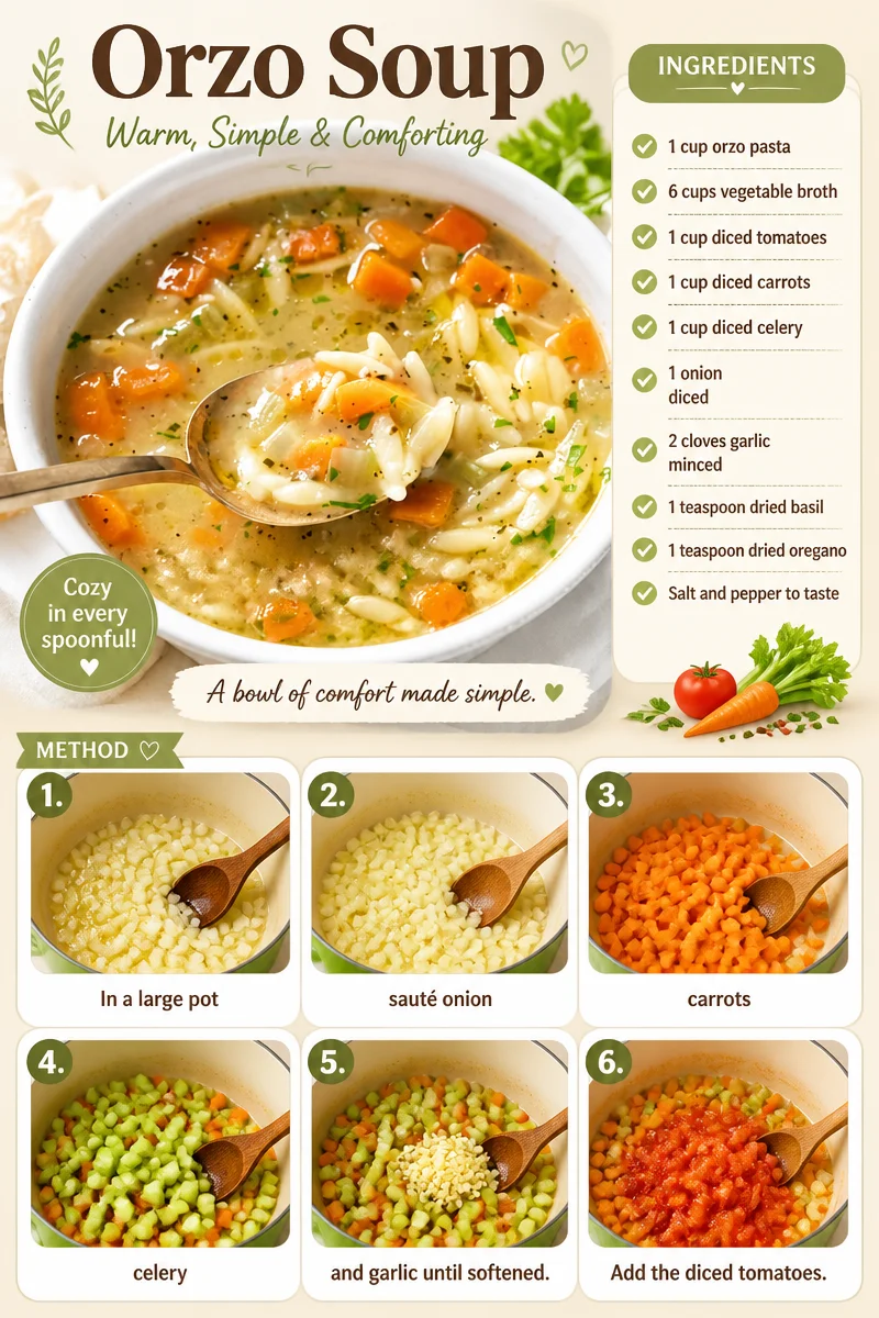 Bowl of comforting orzo soup garnished with fresh herbs and vegetables