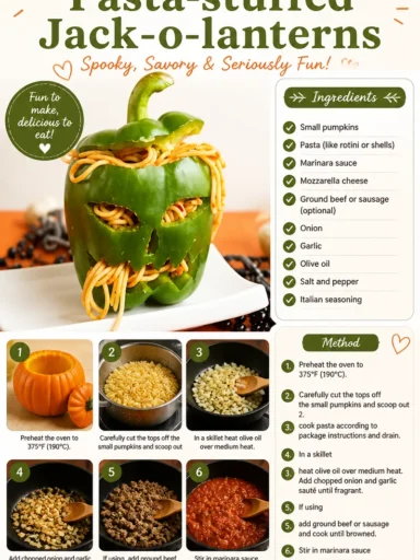 Pasta-stuffed Jack-o-lanterns served on a festive Halloween table.