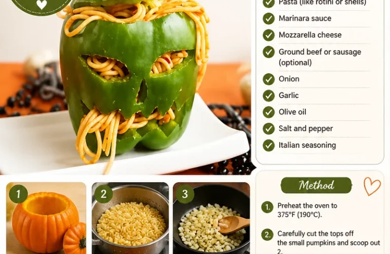 Pasta-stuffed Jack-o-lanterns served on a festive Halloween table.
