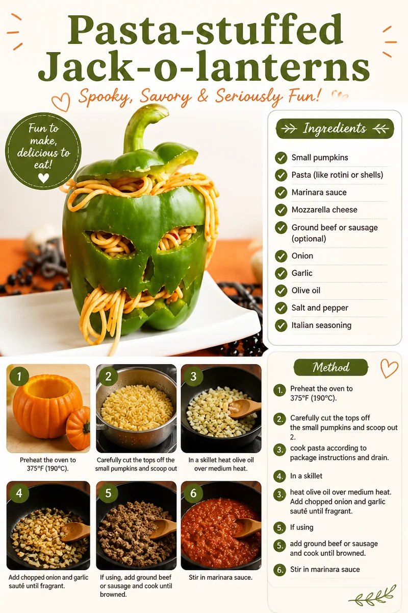 Pasta-stuffed Jack-o-lanterns served on a festive Halloween table.