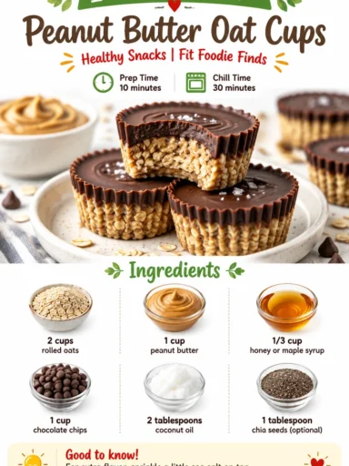 Delicious peanut butter oat cups stacked on a wooden table