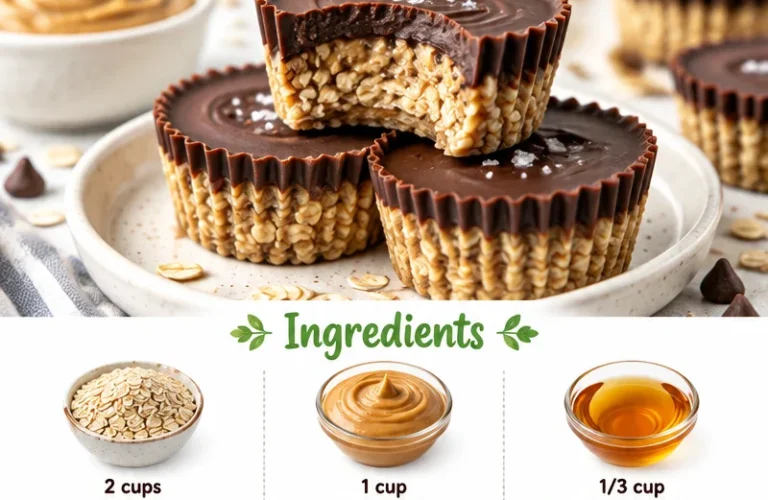Delicious peanut butter oat cups stacked on a wooden table