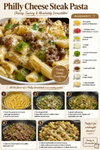 Delicious Philly cheese steak pasta served in a bowl, garnished with herbs.