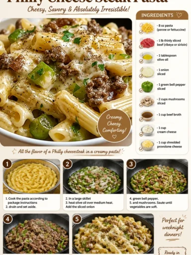 Delicious Philly cheese steak pasta served in a bowl, garnished with herbs.