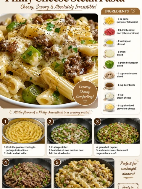 Delicious Philly cheese steak pasta served in a bowl, garnished with herbs.