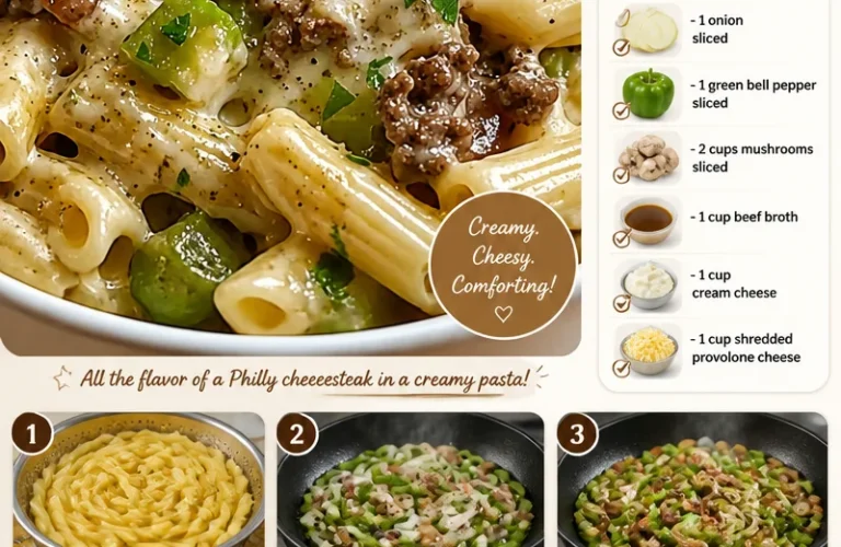 Delicious Philly cheese steak pasta served in a bowl, garnished with herbs.