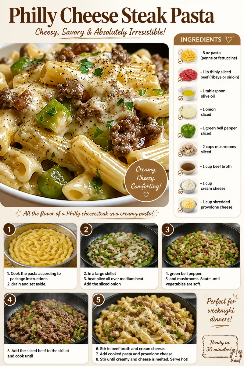 Delicious Philly cheese steak pasta served in a bowl, garnished with herbs.