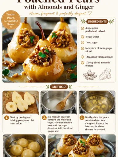 Poached pears with almonds and ginger served on a plate