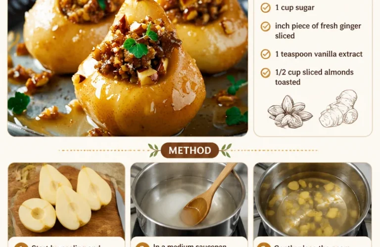 Poached pears with almonds and ginger served on a plate