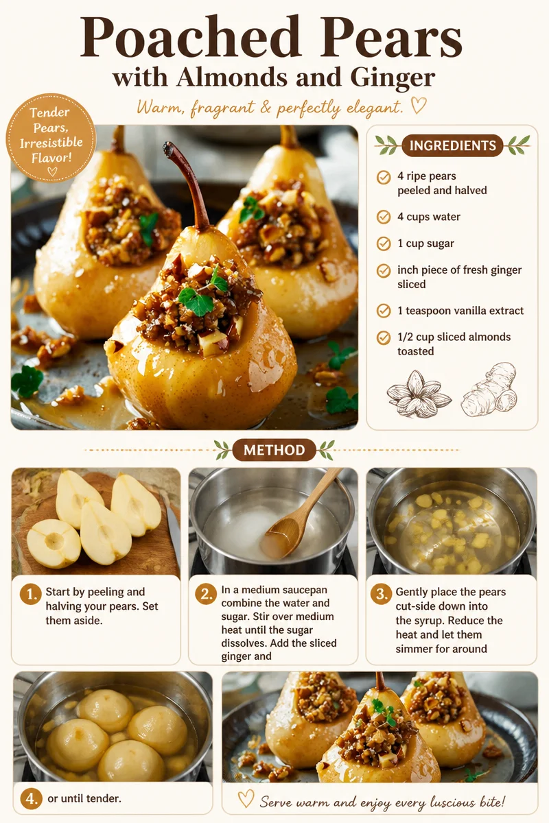 Poached pears with almonds and ginger served on a plate