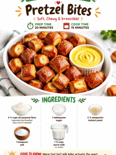 Freshly baked pretzel bites served with cheese dipping sauce