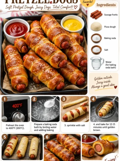 Homemade pretzel dogs served with mustard and ketchup on a wooden platter.
