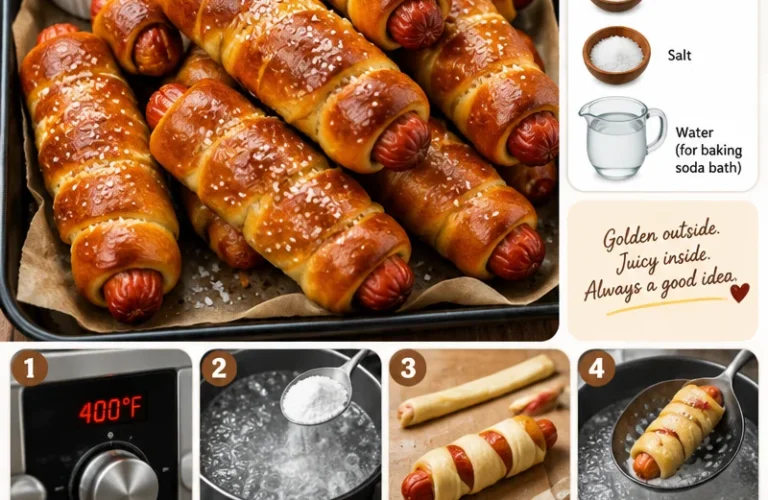 Homemade pretzel dogs served with mustard and ketchup on a wooden platter.