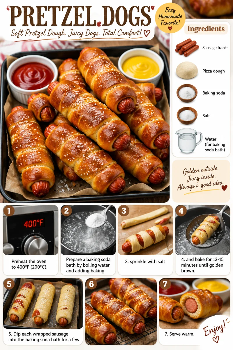 Homemade pretzel dogs served with mustard and ketchup on a wooden platter.