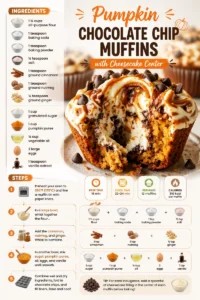 Pumpkin Chocolate Chip Muffins with a creamy cheesecake center on a plate