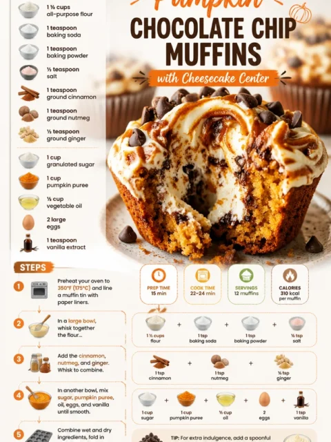 Pumpkin Chocolate Chip Muffins with a creamy cheesecake center on a plate